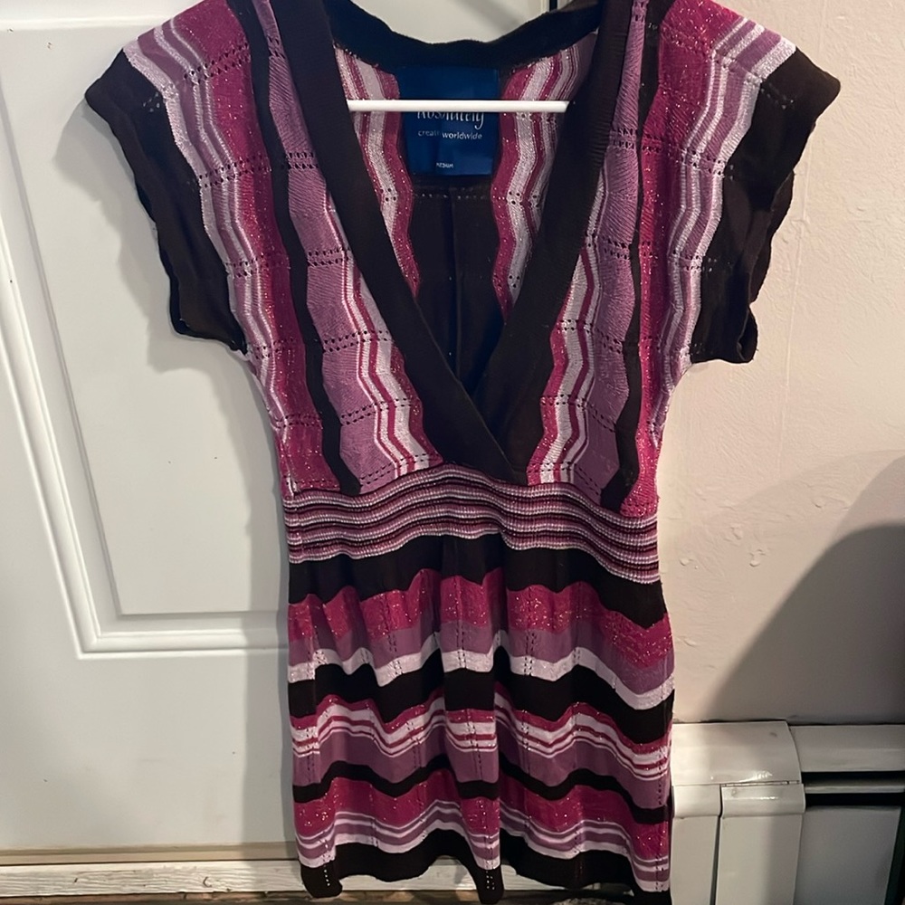 ABSOLUTELY Purple, Brown & Pink Colors Short Sleeve Long Knit Top Size Medium